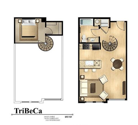Floor plan for 1 bed, 1 bath, 693 sqft